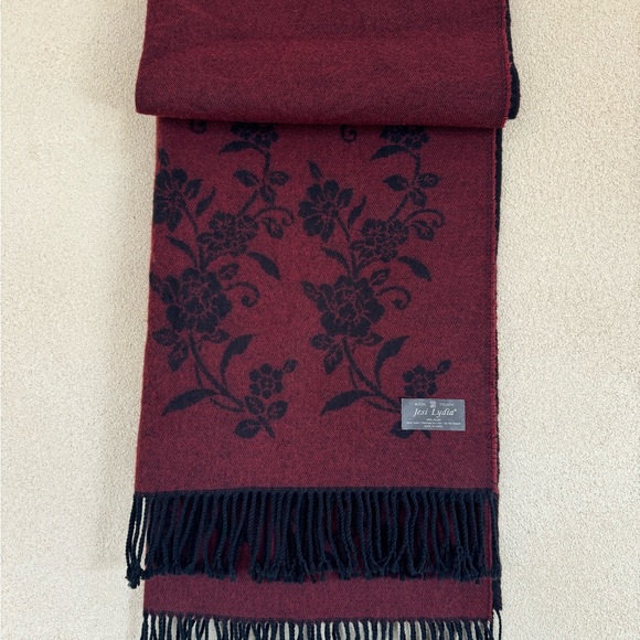 Jesi Lydia wool touch Burgundy/Wine and Black Floral Fringe Oversized Scarf/Wrap - Picture 7 of 9